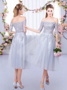 Off The Shoulder Half Sleeves Zipper Quinceanera Court of Honor Dress Grey Tulle