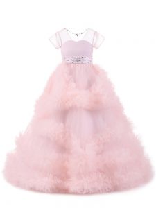 Cute Ball Gowns Pageant Dress for Teens Baby Pink V-neck Tulle Short Sleeves Floor Length Backless