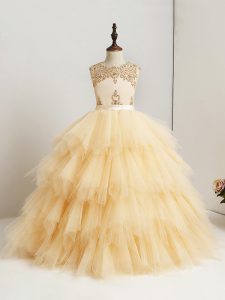 Dramatic Tulle Scoop Sleeveless Zipper Beading and Ruffles Little Girls Pageant Gowns in Gold