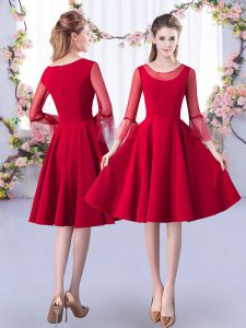 Scoop 3 4 Length Sleeve Damas Dress Knee Length Ruching Red Satin