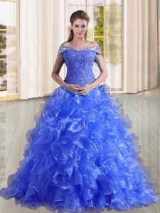 Off The Shoulder Sleeveless Sweep Train Lace Up Quinceanera Dress Blue Organza