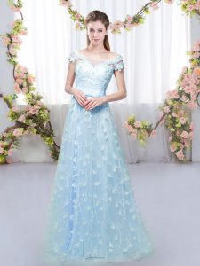 Blue Court Dresses for Sweet 16 Prom and Party and Wedding Party with Appliques Off The Shoulder Cap Sleeves Lace Up