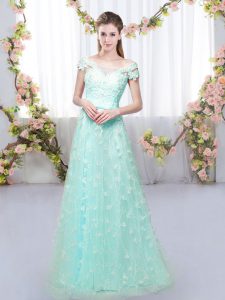 Beauteous Apple Green Cap Sleeves Tulle Lace Up Quinceanera Court of Honor Dress for Prom and Party and Wedding Party