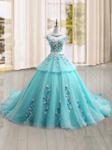 Cap Sleeves Tulle Brush Train Lace Up Sweet 16 Dresses in Aqua Blue with Appliques