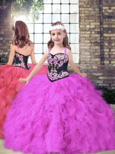 Fuchsia Tulle Lace Up Kids Formal Wear Sleeveless Floor Length Embroidery and Ruffles