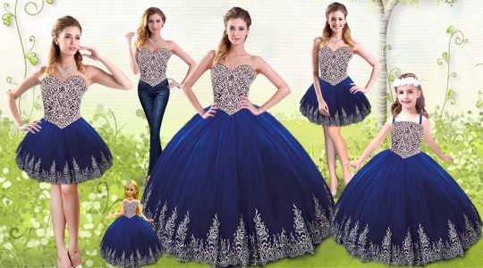 Vintage Royal Blue Sleeveless Floor Length Beading and Appliques Lace Up Quinceanera Dress