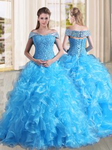 Glittering Baby Blue A-line Off The Shoulder Sleeveless Organza Sweep Train Lace Up Beading and Lace and Ruffles Sweet 16 Dresses