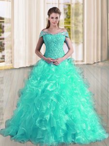 Turquoise Quinceanera Dresses Organza Sweep Train Sleeveless Beading and Lace and Ruffles