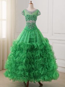 Organza V-neck Cap Sleeves Lace Up Beading and Ruffles Winning Pageant Gowns in Green