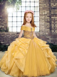 Enchanting Gold Sleeveless Floor Length Beading and Ruffles Lace Up Little Girls Pageant Dress Wholesale
