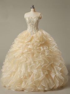 New Arrival Champagne Sweetheart Lace Up Beading and Ruffles Quinceanera Dress Sleeveless