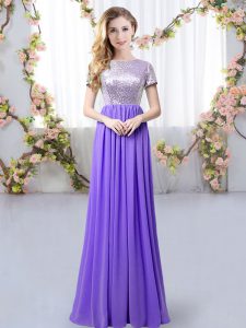 Exquisite Lavender Scoop Zipper Sequins Dama Dress Short Sleeves
