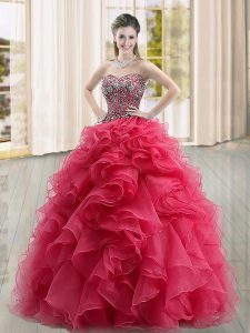 Beauteous Sweetheart Sleeveless Lace Up Sweet 16 Dress Coral Red Organza