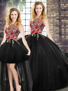 Ideal Black Quinceanera Dress Military Ball and Sweet 16 and Quinceanera with Embroidery Scoop Sleeveless Zipper