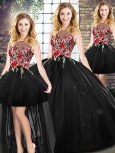 Black Quinceanera Dresses Military Ball and Sweet 16 and Quinceanera with Embroidery Scoop Sleeveless Zipper