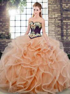Romantic Tulle Sweetheart Sleeveless Sweep Train Lace Up Embroidery and Ruffles Quinceanera Dress in Peach