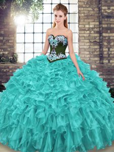 Turquoise Quinceanera Gowns Organza Sweep Train Sleeveless Embroidery and Ruffles