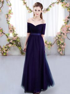 Fashionable Purple Tulle Lace Up Off The Shoulder Short Sleeves Floor Length Quinceanera Court of Honor Dress Ruching