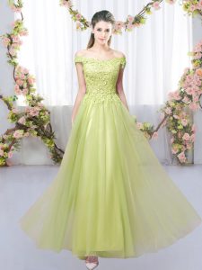 Yellow Green Lace Up Vestidos de Damas Lace Sleeveless Floor Length