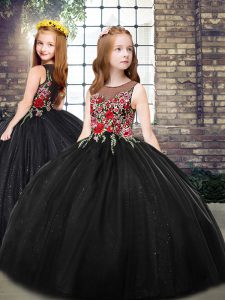 Black Zipper Scoop Embroidery Little Girls Pageant Dress Tulle Sleeveless