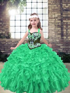 Floor Length Lace Up Pageant Dress Toddler Green for Party and Wedding Party with Embroidery and Ruffles