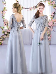 Luxury Floor Length Lace Up Damas Dress Grey for Prom and Party and Wedding Party with Lace