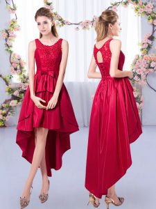 Graceful High Low Lace Up Dama Dress Red for Prom and Party and Wedding Party with Appliques