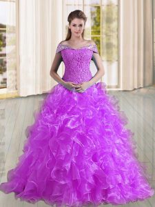 Purple Off The Shoulder Neckline Beading and Lace and Ruffles 15 Quinceanera Dress Sleeveless Lace Up