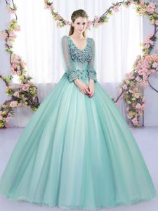 Tulle Long Sleeves Floor Length 15th Birthday Dress and Lace and Appliques