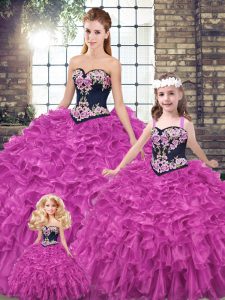 Colorful Fuchsia Lace Up Quinceanera Gowns Embroidery and Ruffles Sleeveless