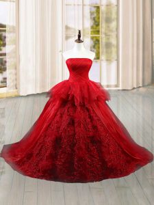 Custom Fit Wine Red Quinceanera Dresses Tulle Brush Train Sleeveless Lace and Ruffles