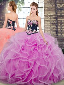 Suitable Lilac Lace Up Sweetheart Embroidery and Ruffles Ball Gown Prom Dress Tulle Sleeveless Sweep Train