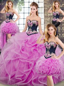 Fitting Lilac Sleeveless Embroidery and Ruffles Lace Up Sweet 16 Dresses