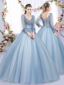 Ball Gowns Quinceanera Dress Blue V-neck Tulle Long Sleeves Floor Length Lace Up
