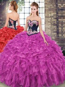 Superior Fuchsia Lace Up Sweetheart Embroidery and Ruffles 15 Quinceanera Dress Organza Sleeveless Sweep Train