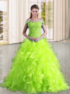 Yellow Green 15th Birthday Dress Off The Shoulder Sleeveless Sweep Train Lace Up