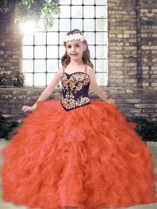 Elegant Orange Red Tulle Lace Up Pageant Dress for Girls Sleeveless Floor Length Embroidery and Ruffles