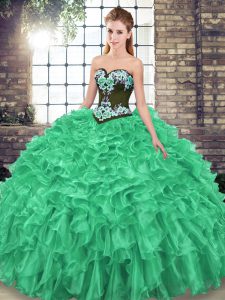 Sexy Green Sleeveless Organza Sweep Train Lace Up Vestidos de Quinceanera for Military Ball and Sweet 16 and Quinceanera