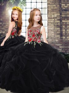 Black Ball Gowns Embroidery and Ruffles Pageant Dress Wholesale Zipper Tulle Sleeveless
