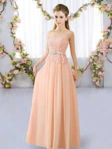Peach Quinceanera Dama Dress Prom and Party and Wedding Party with Lace and Belt Strapless Sleeveless Lace Up