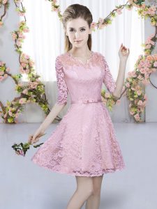 Enchanting Pink Half Sleeves Mini Length Belt Zipper Court Dresses for Sweet 16