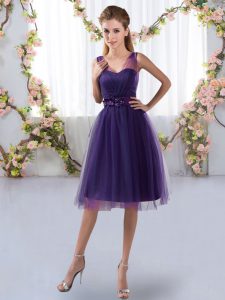 Romantic Sleeveless Tulle Knee Length Zipper Quinceanera Court of Honor Dress in Purple with Appliques
