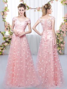 Exquisite Pink Cap Sleeves Floor Length Appliques Lace Up Vestidos de Damas