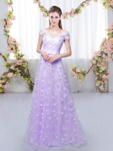 Fashion Floor Length Lavender Damas Dress Off The Shoulder Cap Sleeves Lace Up