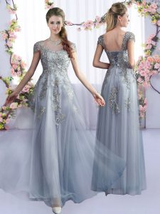 Beauteous Floor Length Lace Up Dama Dress Grey for Prom and Party and Wedding Party with Lace