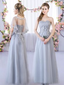 Floor Length Grey Court Dresses for Sweet 16 Tulle Sleeveless Lace