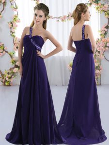 Enchanting Purple Chiffon Lace Up One Shoulder Sleeveless Court Dresses for Sweet 16 Brush Train Beading