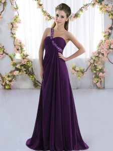 Spectacular Purple Dama Dress Prom and Party with Beading One Shoulder Sleeveless Brush Train Lace Up