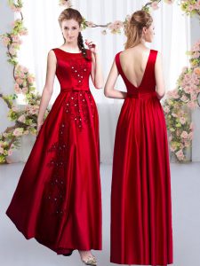 Exceptional Red Sleeveless Floor Length Beading and Appliques Backless Vestidos de Damas