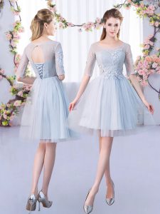 Half Sleeves Tulle Mini Length Lace Up Quinceanera Dama Dress in Grey with Lace